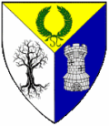 Wastekeep coat of arms: Per pall Or, argent and azure, a laurel wreath vert, a tree blasted and eradicated sable, and a grey granite tower proper.