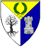 Wastekeep coat of arms: Per pall Or, argent and azure, a laurel wreath vert, a tree blasted and eradicated sable, and a grey granite tower proper.
